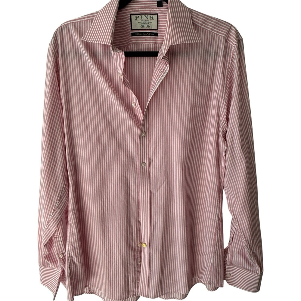 Thomas Pink Shirt Men's Slim Fit 16 Pink Stripe Two Fold 100s Jermyn St‎ London